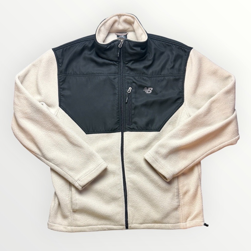 New Balance Mens Fleece Full Zip Jacket Cream Black Colorblock Large